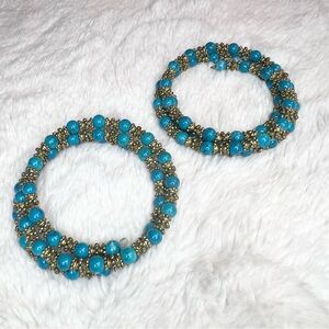 Set of 2 Turquoise Beaded Memory Coil Bracelets - Bohemian Festival Jewelry